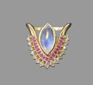 14K Gold Rainbow Moonstone Ring | Ruby and Diamond Ring - K Jewelry Accessories
