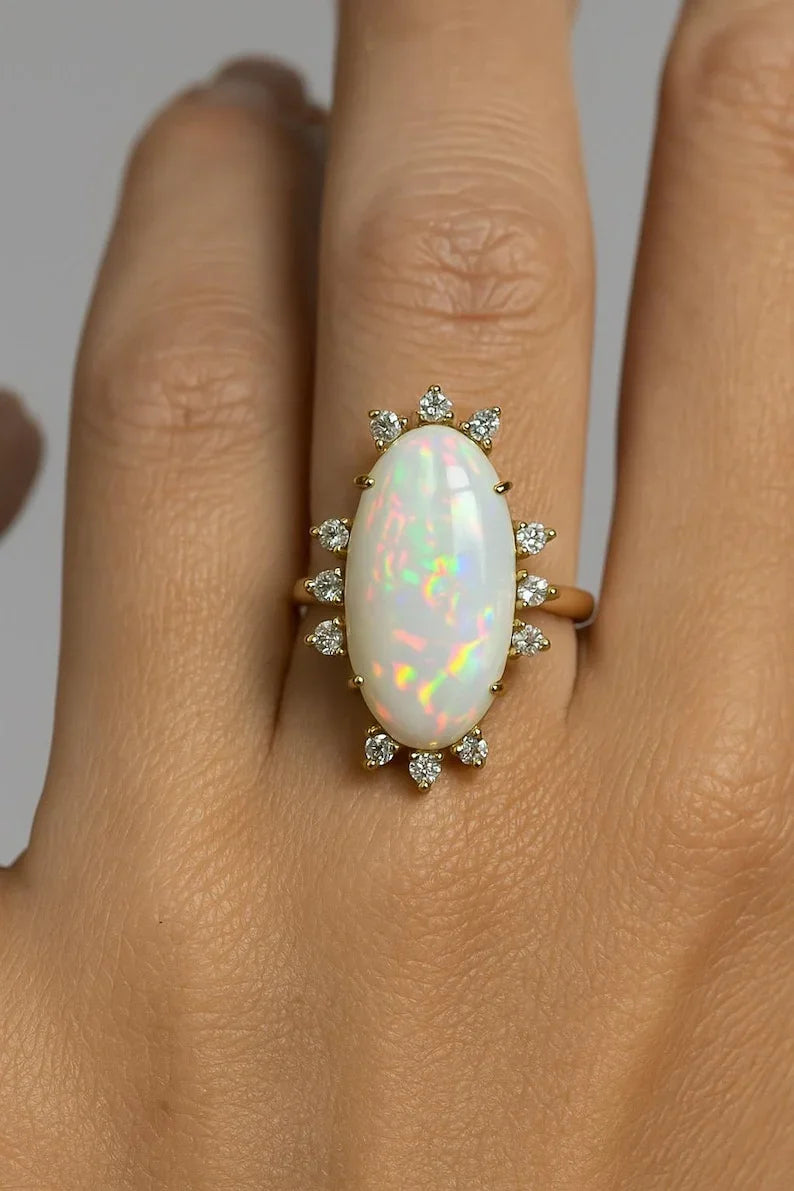 18K Gold Ethiopian Opal and Diamond Ring | Handmade Fine Gold Jewelry
