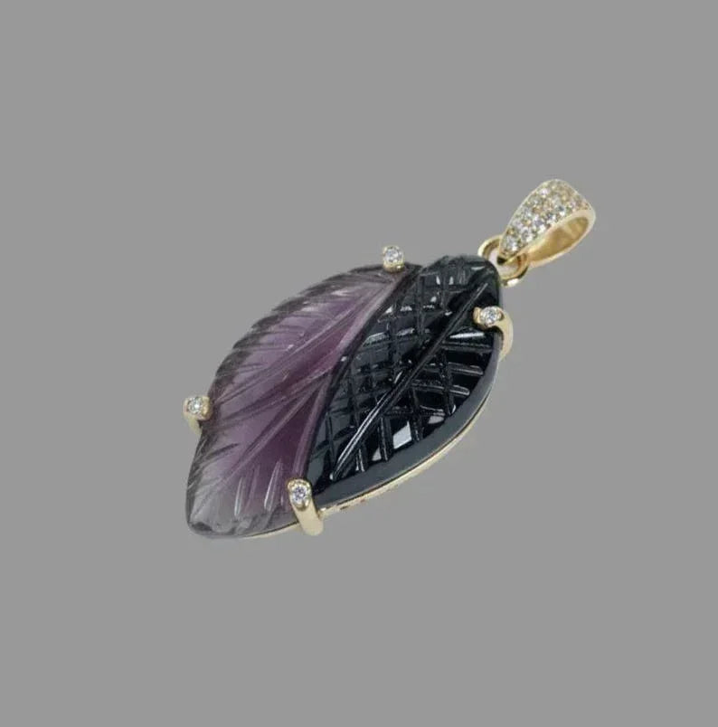14k Gold Carved Tourmaline Leaf Pendant • Diamond Accent Necklace - K Jewelry Accessories