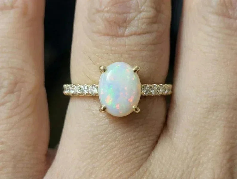 14k Gold Opal Diamond Ring • Oval Ethiopian Opal Gemstone - K Jewelry Accessories