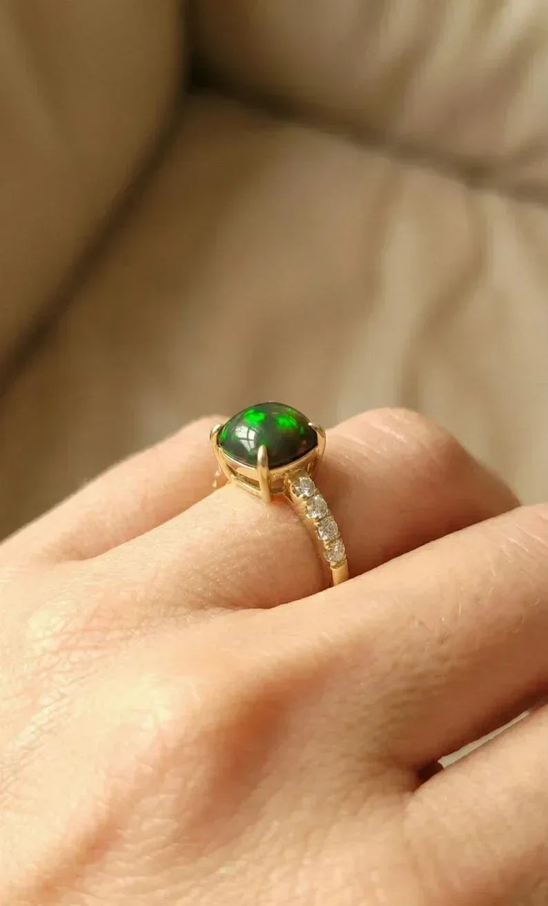 14K Gold Black Opal Diamond Ring • Cushion Cut Natural Black Opal - K Jewelry Accessories