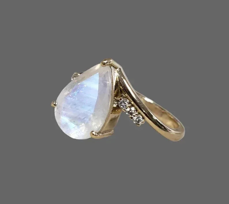 14k Gold Rainbow Moonstone Ring • Teardrop Blue Schiller Stone - K Jewelry Accessories