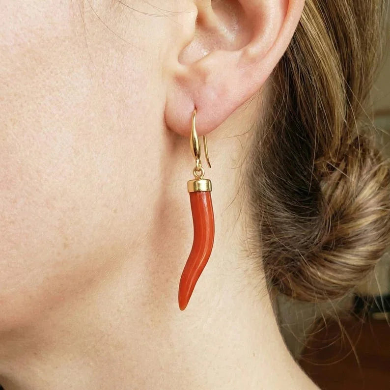 14k Gold Red Coral Earrings • Natural Coral Horn Dangles