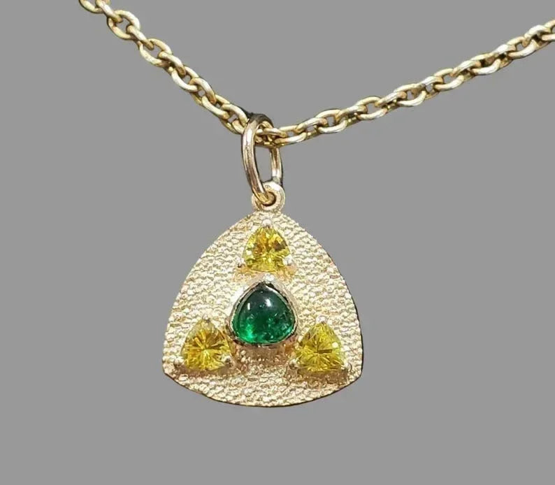 14k Gold Emerald & Yellow Sapphire Pendant • Cabochon Emerald - K Jewelry Accessories