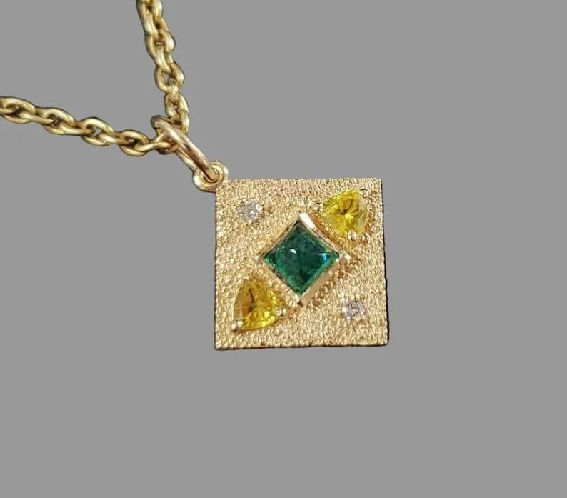 14k Gold Square Emerald Pendant with Yellow Sapphire & Diamond - K Jewelry Accessories