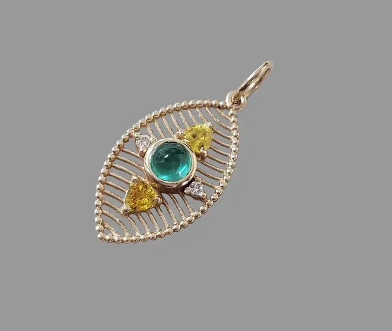 14K Gold Emerald Cabochon Pendant with Yellow Sapphire & Diamond - K Jewelry Accessories