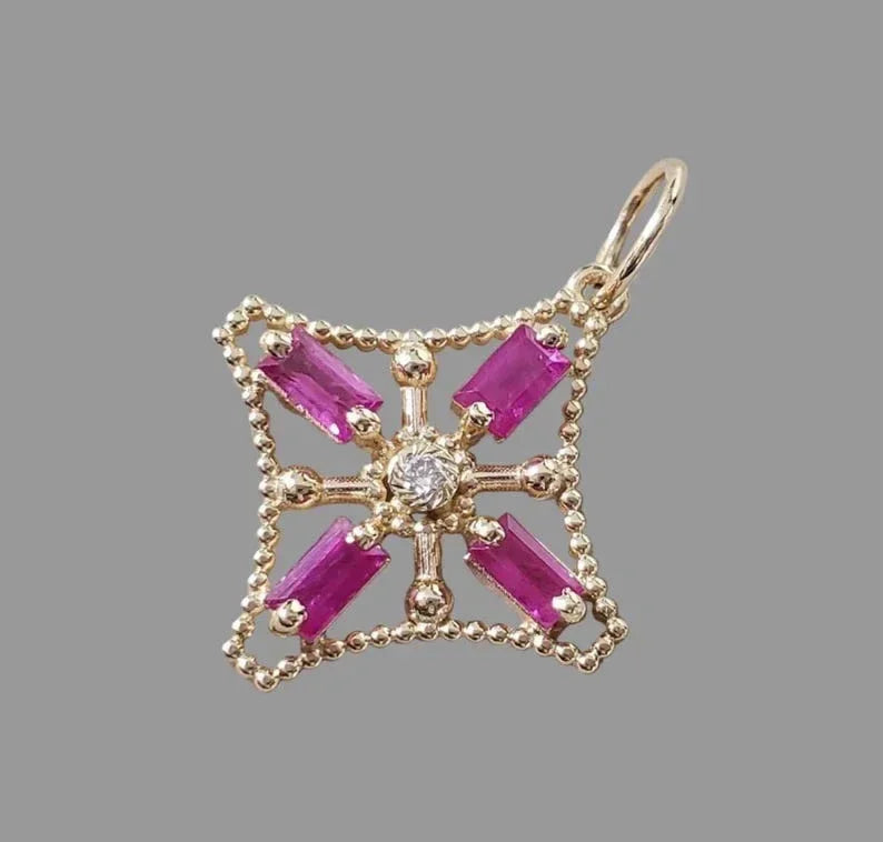 14K Gold Baguette Ruby & Diamond Pendant