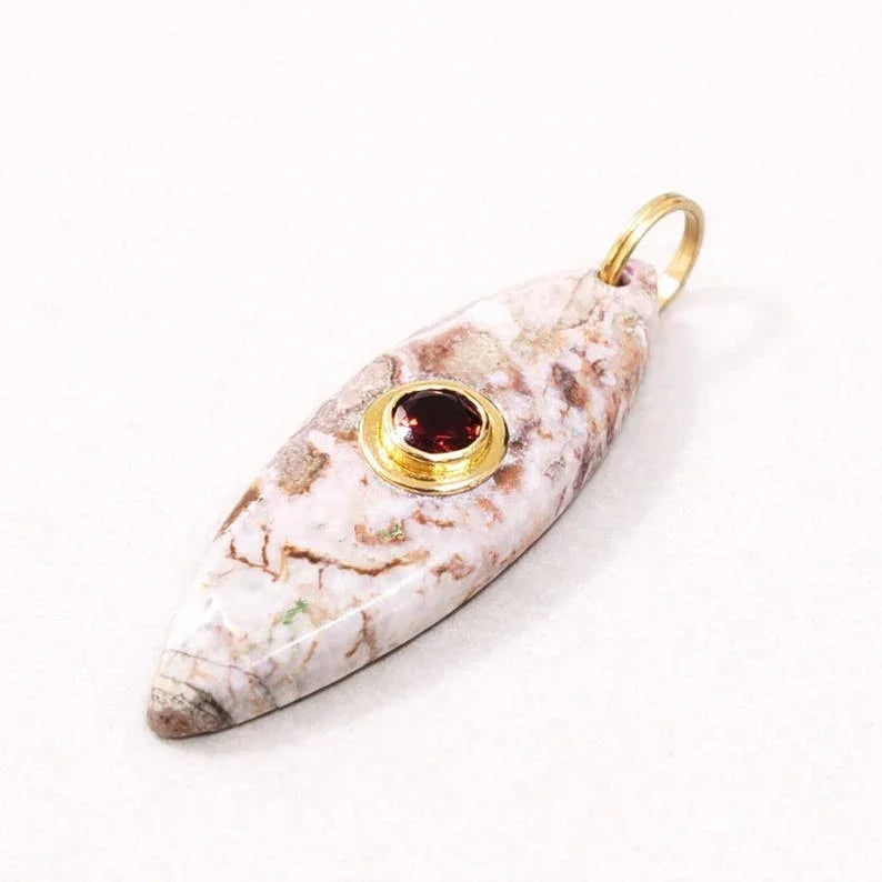 14k Gold Pink Jasper Drilled Pendant : Bezel Set Garnet