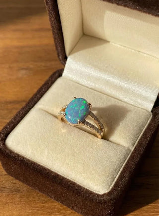 14K Solid Gold Australian Opal Diamond Ring | Natural Blue Opal Oval Ring - K Jewelry Accessories