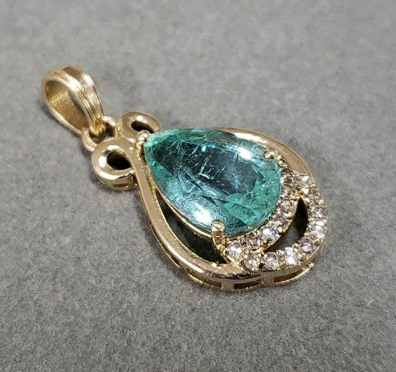 Heirloom Natural Zambian Emerald 14k Gold Pendant : Diamond Studded