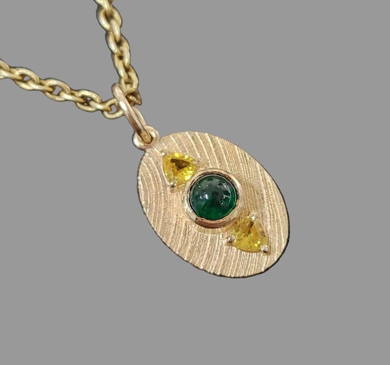 Organic Textured 14K Gold Emerald & Yellow Sapphire Pendant