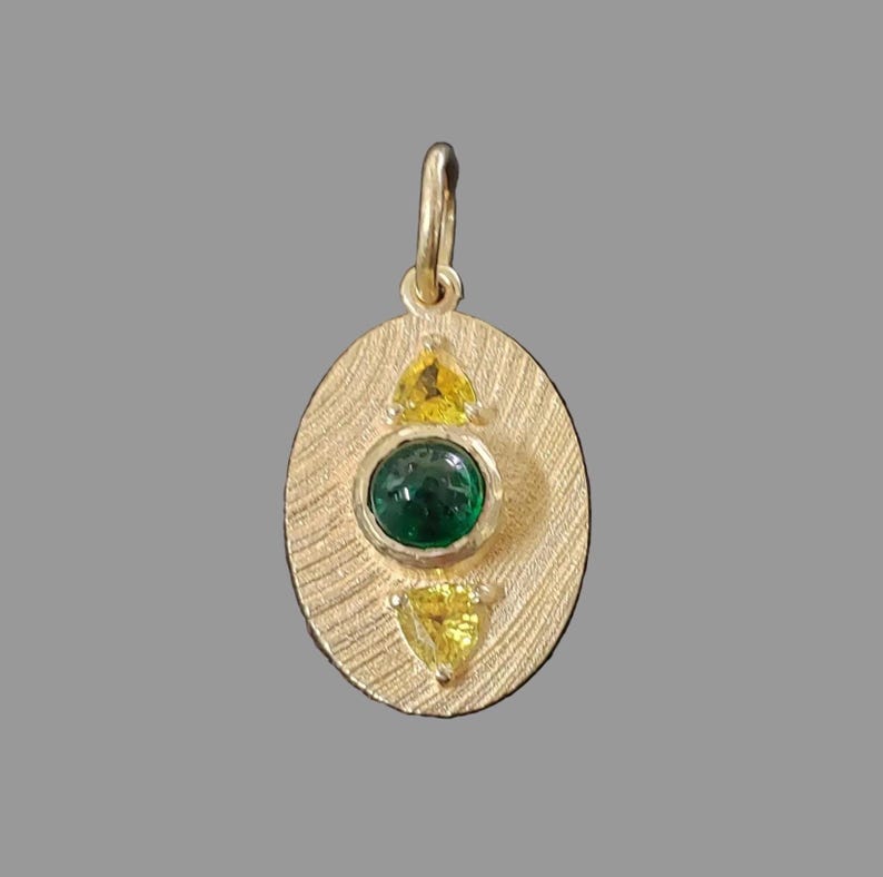 Organic Textured 14K Gold Emerald & Yellow Sapphire Pendant