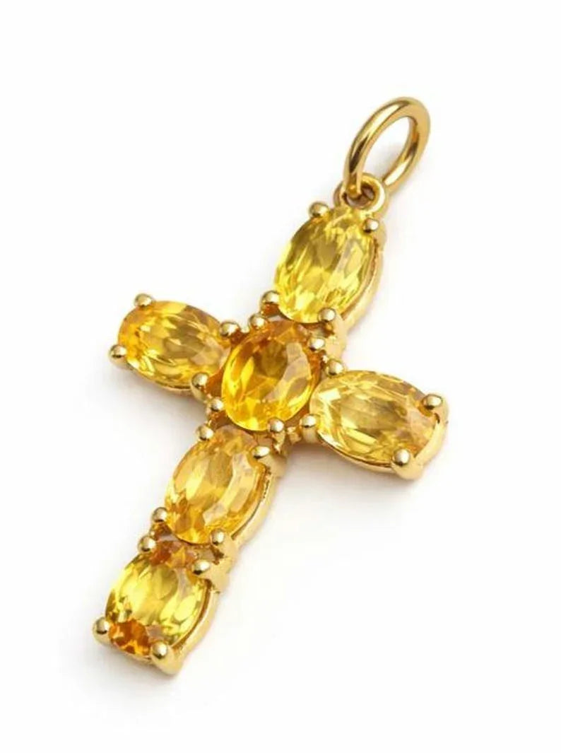 18k Gold Natural Yellow Sapphire Cross Pendant : Jesus Christ Jewelry