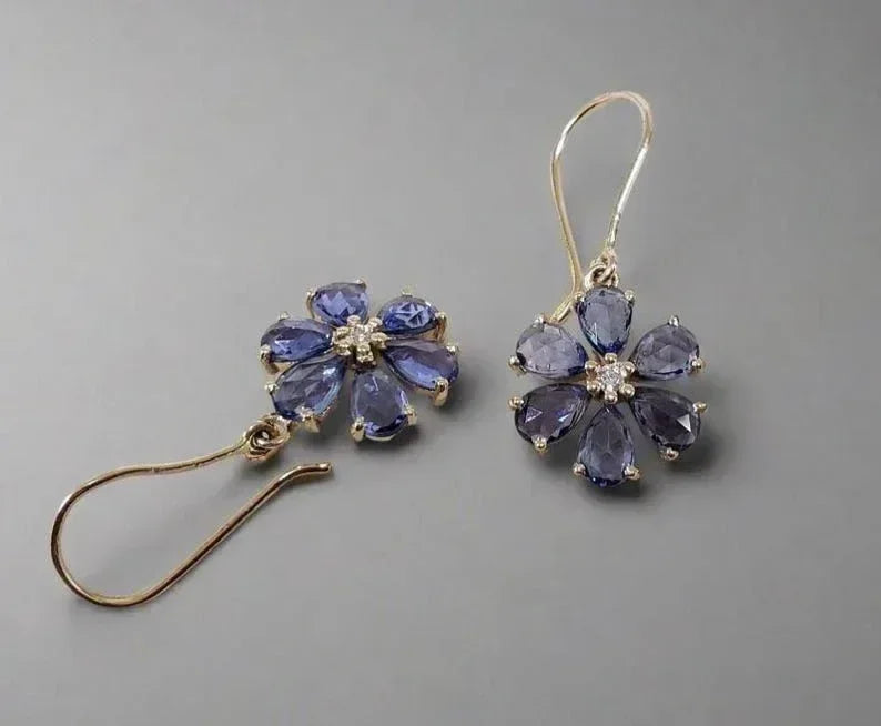 14k Gold Blue Sapphire Flower Earrings – Handmade Dangle Earrings - K Jewelry Accessories