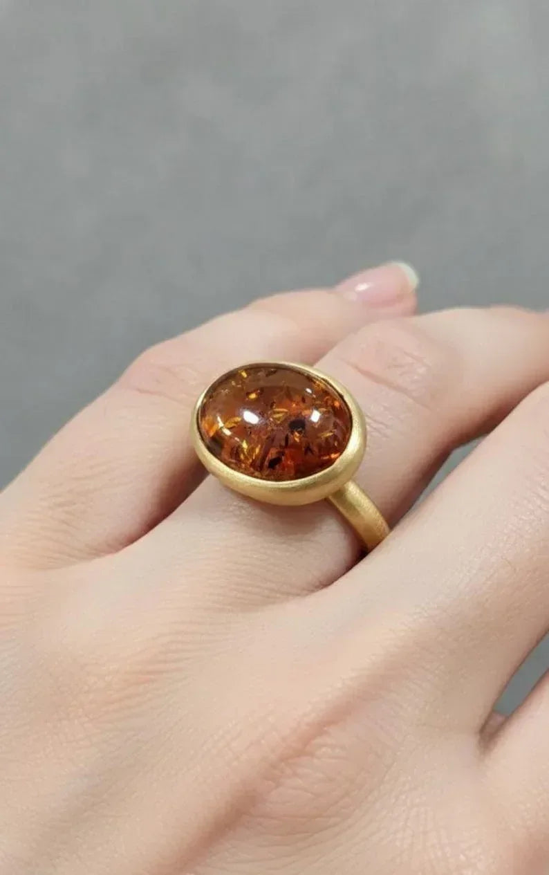 Natural Amber Ring in 14K Solid Gold | Oval Amber Cabochon - K Jewelry Accessories