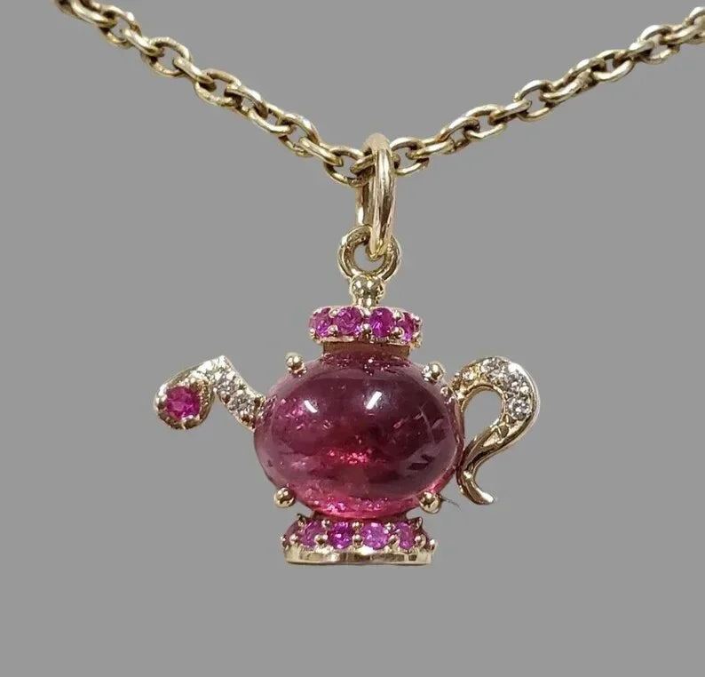 14k Gold Teapot Pendant: Pink Tourmaline Cabochon, Ruby & Diamond - K Jewelry Accessories
