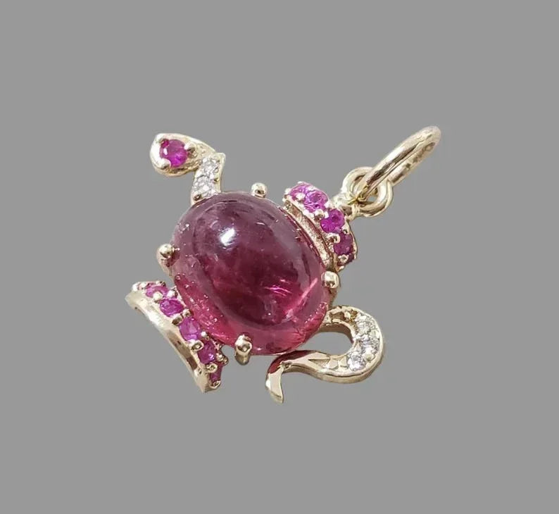 14k Gold Teapot Pendant: Pink Tourmaline Cabochon - K Jewelry Accessories