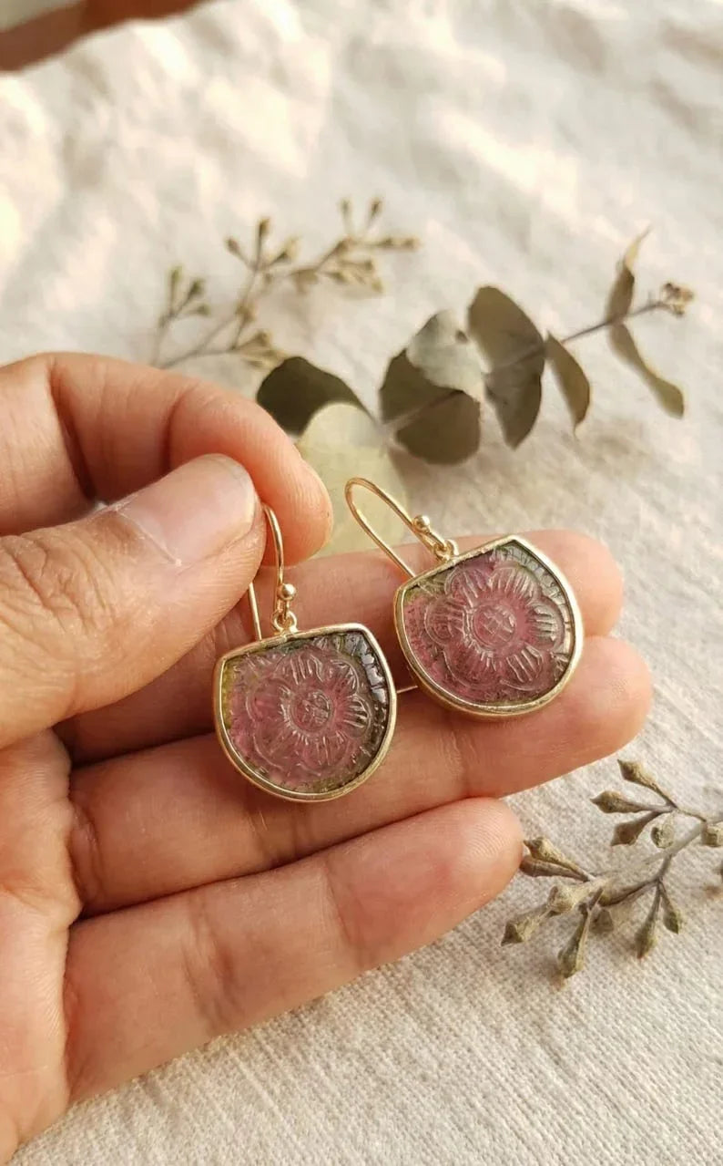 14K Gold Carved Pink Tourmaline Earrings
