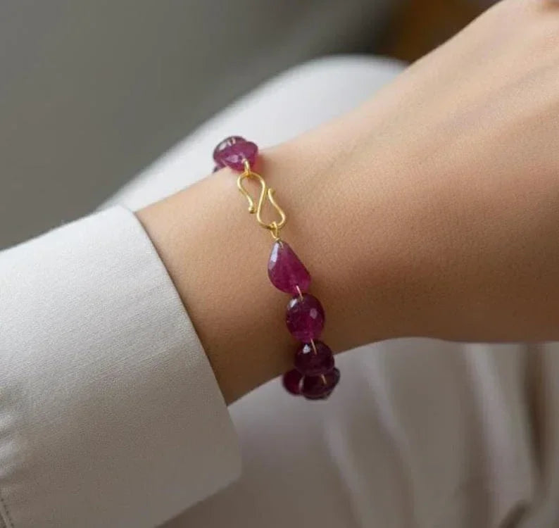 Natural Ruby Beaded Bracelet in 14K Gold | Faceted Drilled Ruby Gemstone Bracelet