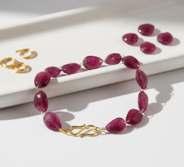 Natural Ruby Beaded Bracelet in 14K Gold | Faceted Drilled Ruby Gemstone Bracelet