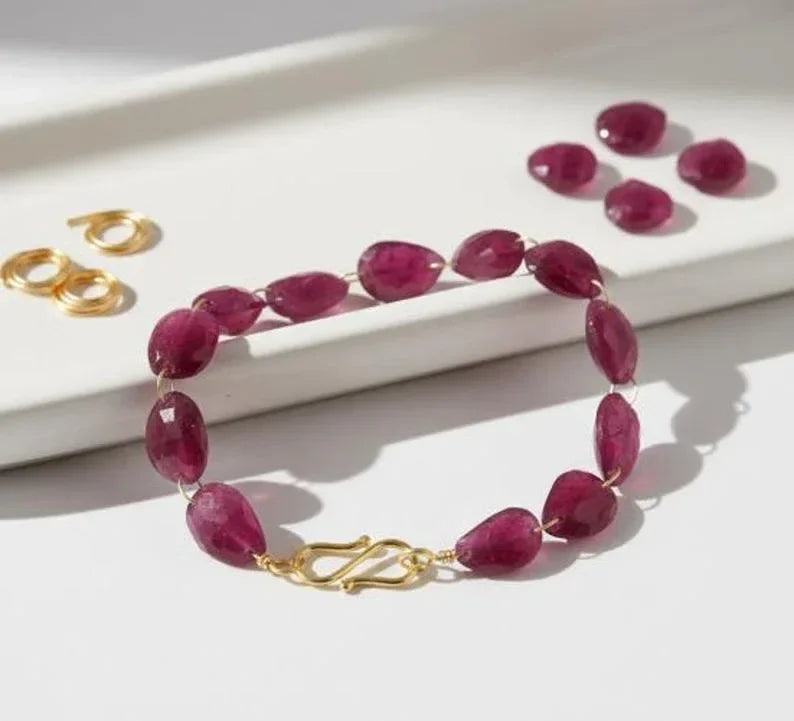 Natural Ruby Beaded Bracelet in 14K Gold | Faceted Drilled Ruby Gemstone Bracelet