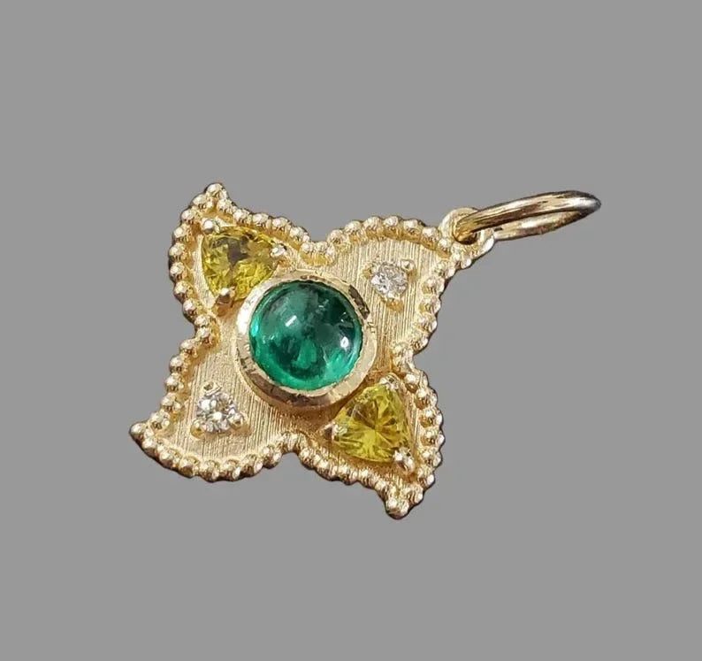 14k Gold Emerald Pendant with Yellow Sapphire & Diamond