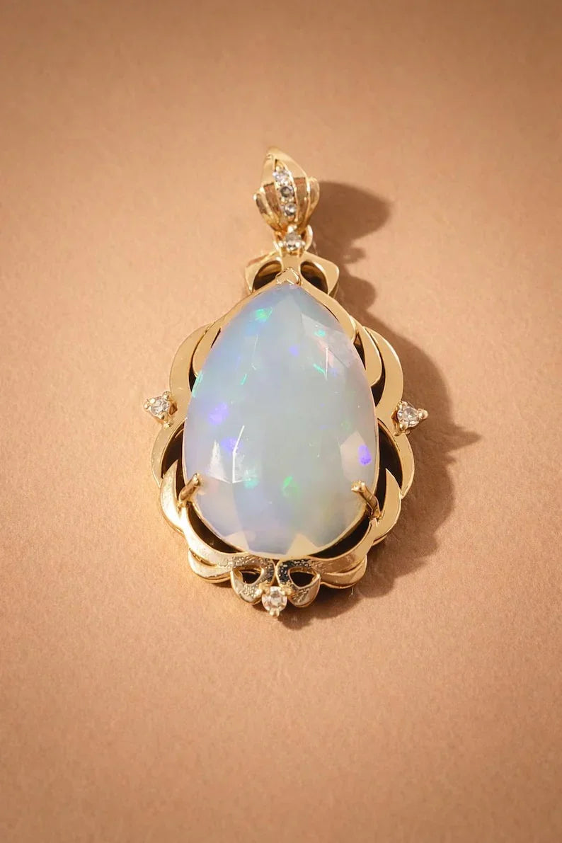 Natural Ethiopian Opal Statement Pendant 14K Gold : Natural Diamond Studded