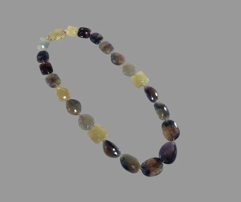 14k Solid Gold Multi Sapphire Necklace Chain