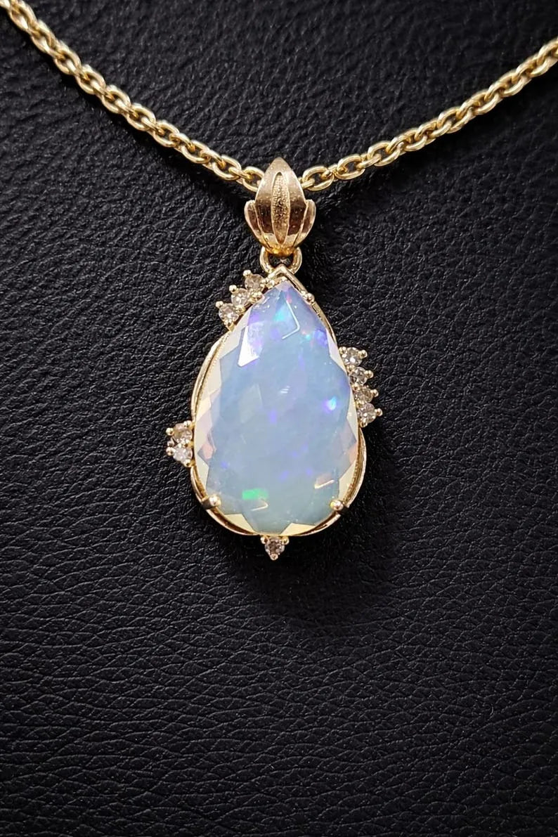 14k Gold Ethiopian Fire Opal Pendant : Diamond Cluster Setting