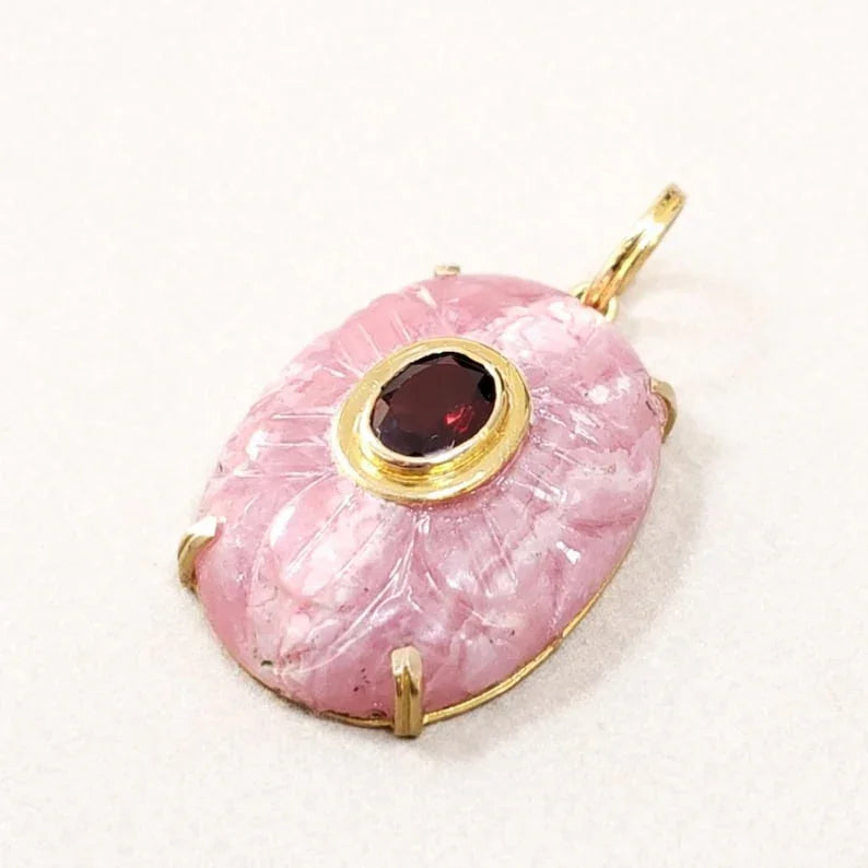 14k Gold Craved Rhodochrosite Pendant : Garnet Accent