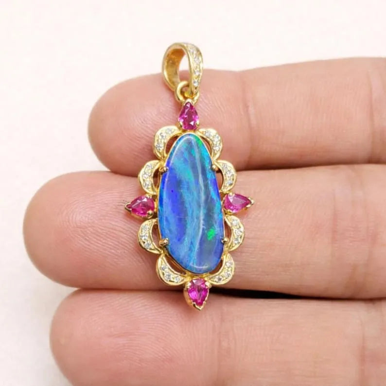 Statement 18k Gold Australian Opal Pendant : Diamond & Rubies Studded