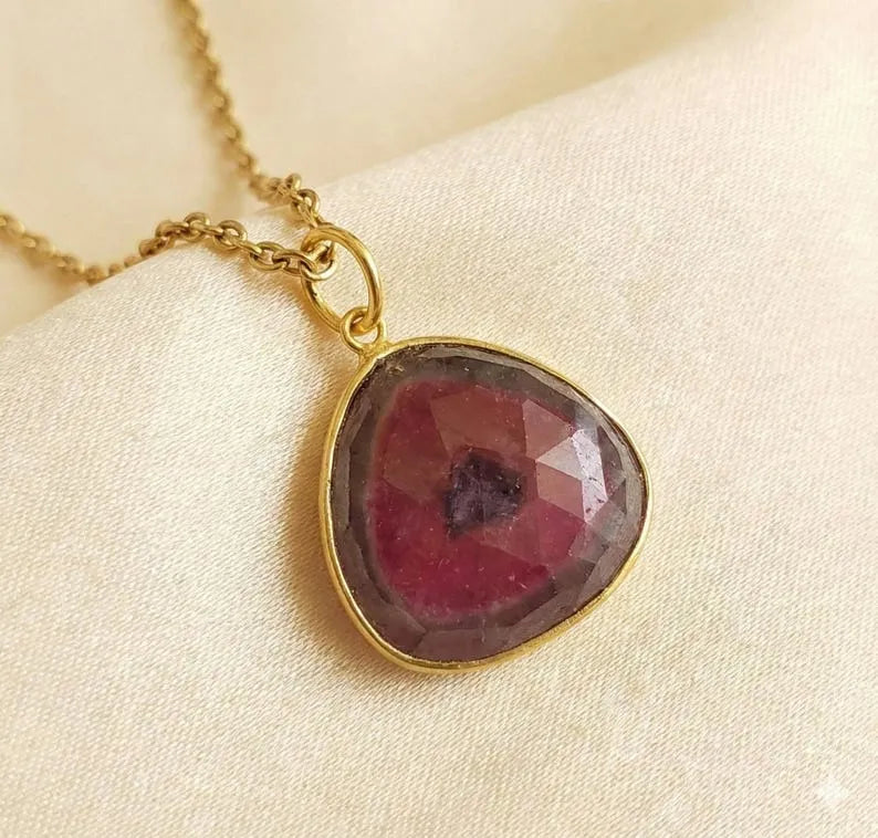 Handmade Watermelon Tourmaline 18k Gold Pendant : Bezel Setting