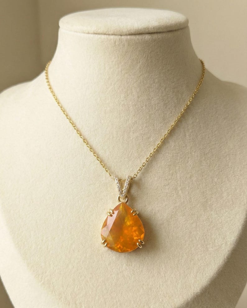 14k Gold Orange Fire Opal Pendant • Diamond Bail