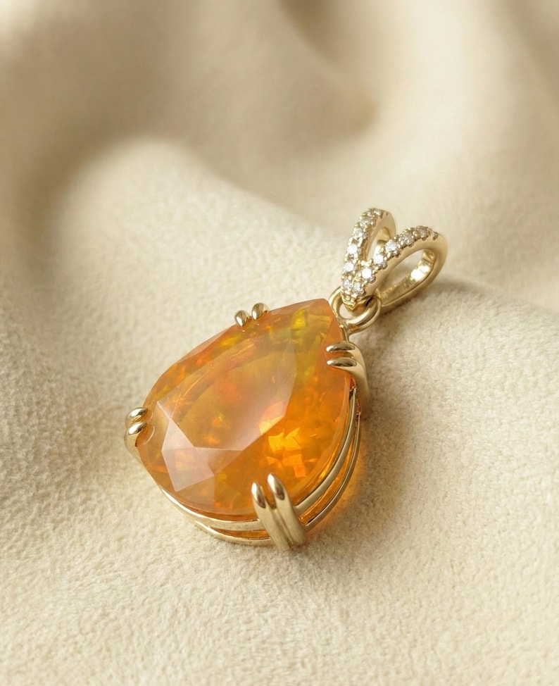 14k Gold Orange Fire Opal Pendant • Diamond Bail
