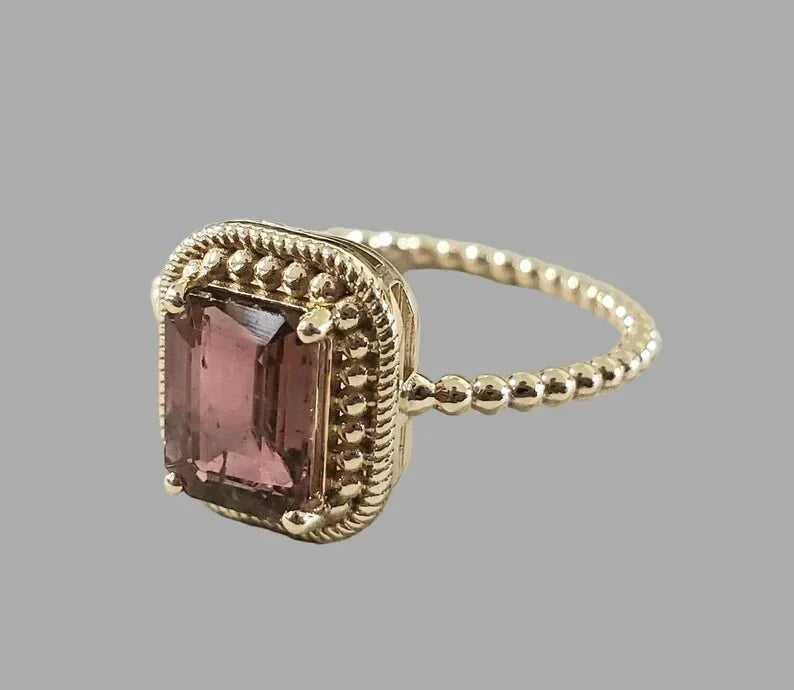 14k Gold Pink Tourmaline Ring | Vintage Beaded Stackable Band - K Jewelry Accessories