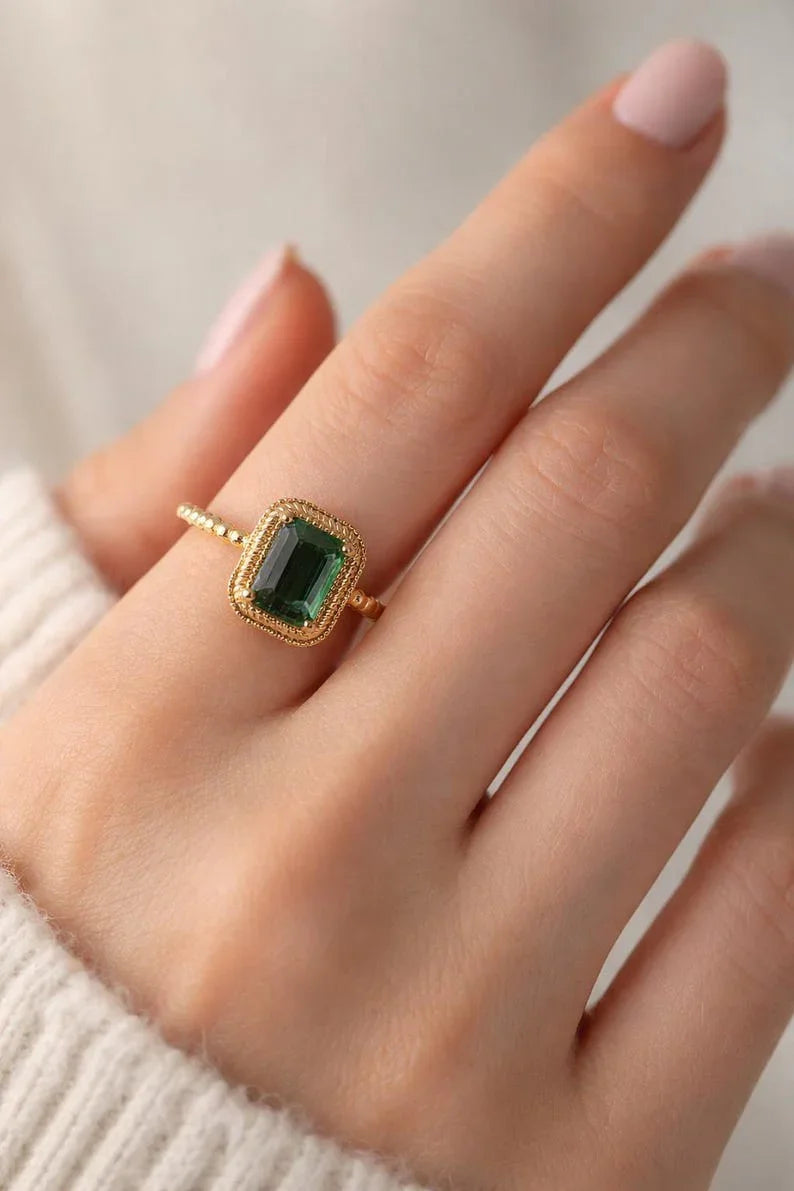 14k Solid Gold Green Tourmaline Ring with Emerald Cut Stone