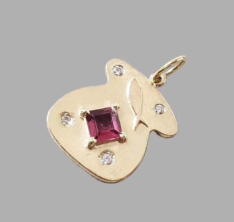 14K Solid Gold Rubellite & Diamond Pendant | Matte Finish