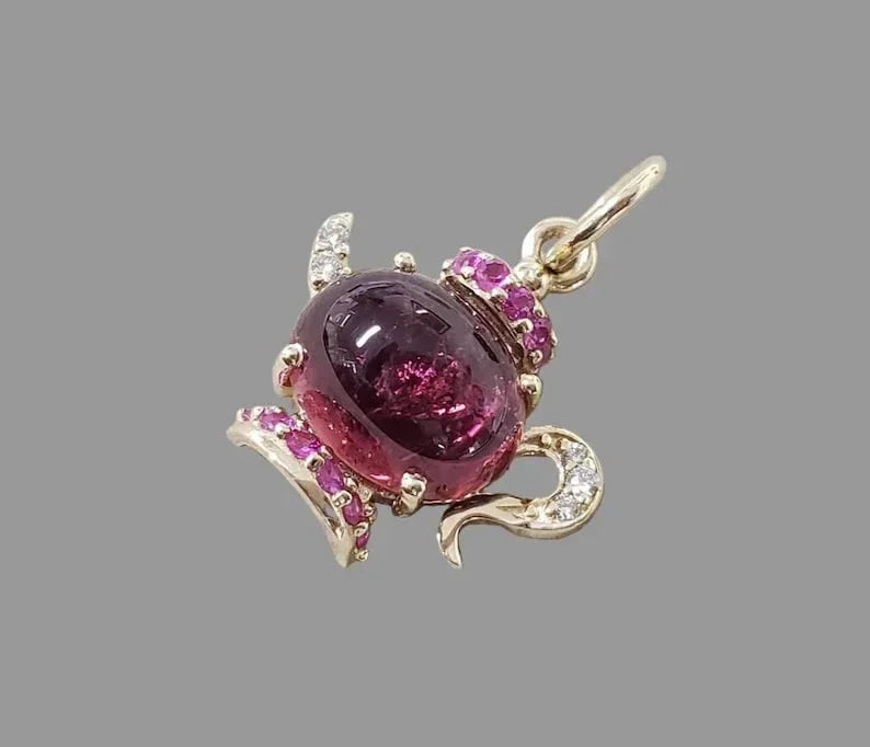 14K Gold Pink Tourmaline Teapot Pendant with Ruby & Diamond - K Jewelry Accessories
