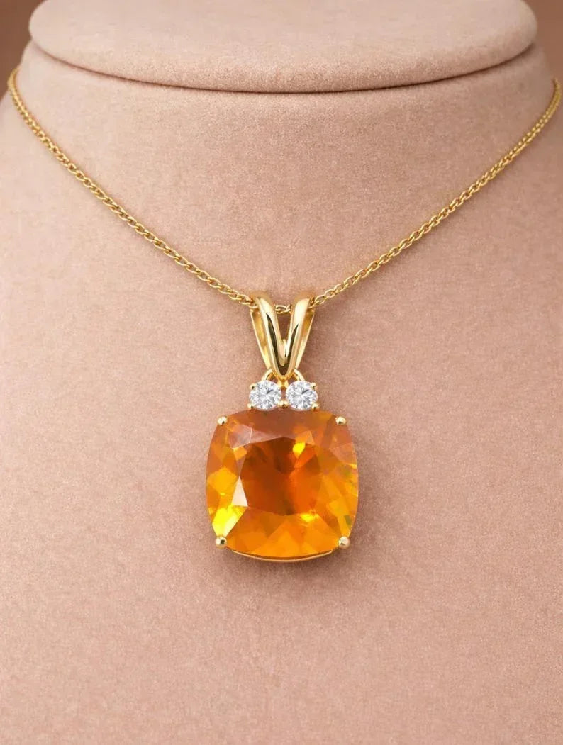 14K Gold Mexican Opal Pendant Necklace | Diamond Accent, Handmade - K Jewelry Accessories