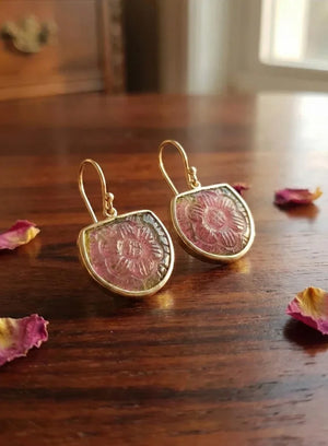 14K Gold Carved Pink Tourmaline Earrings