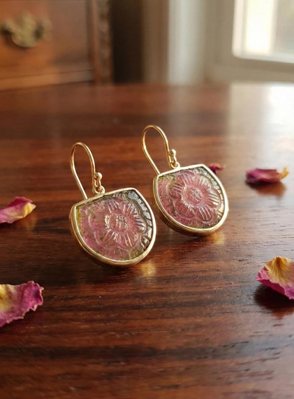 14K Gold Carved Pink Tourmaline Earrings