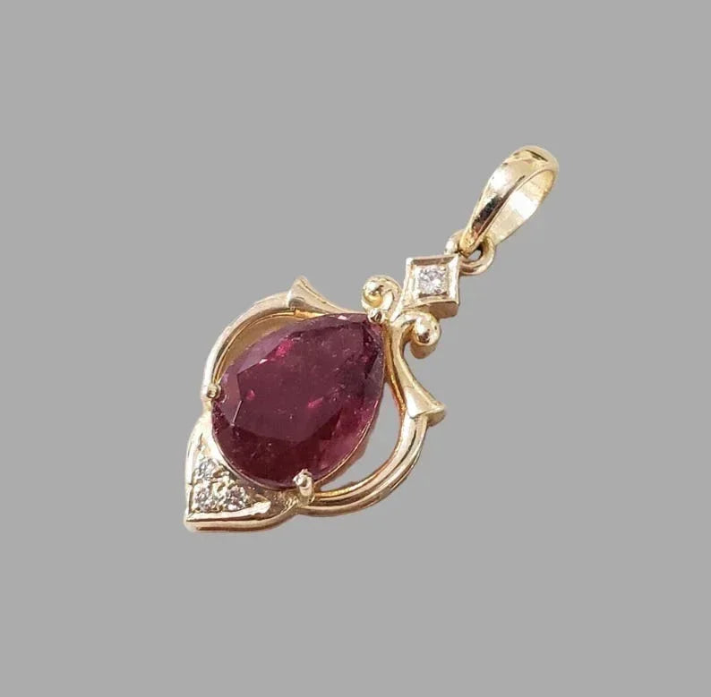 Natural Pink Rubellite Pear Pendant • 14k Gold Diamond Accent - K Jewelry Accessories