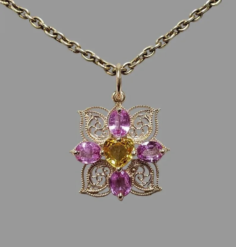 Natural Pink & Yellow Sapphire Pendant in 14k Gold