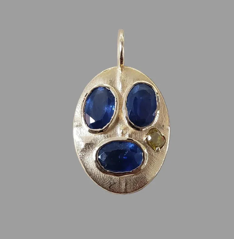 Textured 14k Gold Blue Sapphire & Diamond Pendant Necklace Charm
