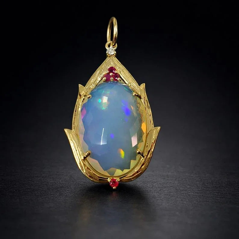 Natural Ethiopian Fire Opal 14K Gold Pendant with Ruby & Diamond