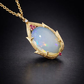 Natural Ethiopian Fire Opal 14K Gold Pendant with Ruby & Diamond