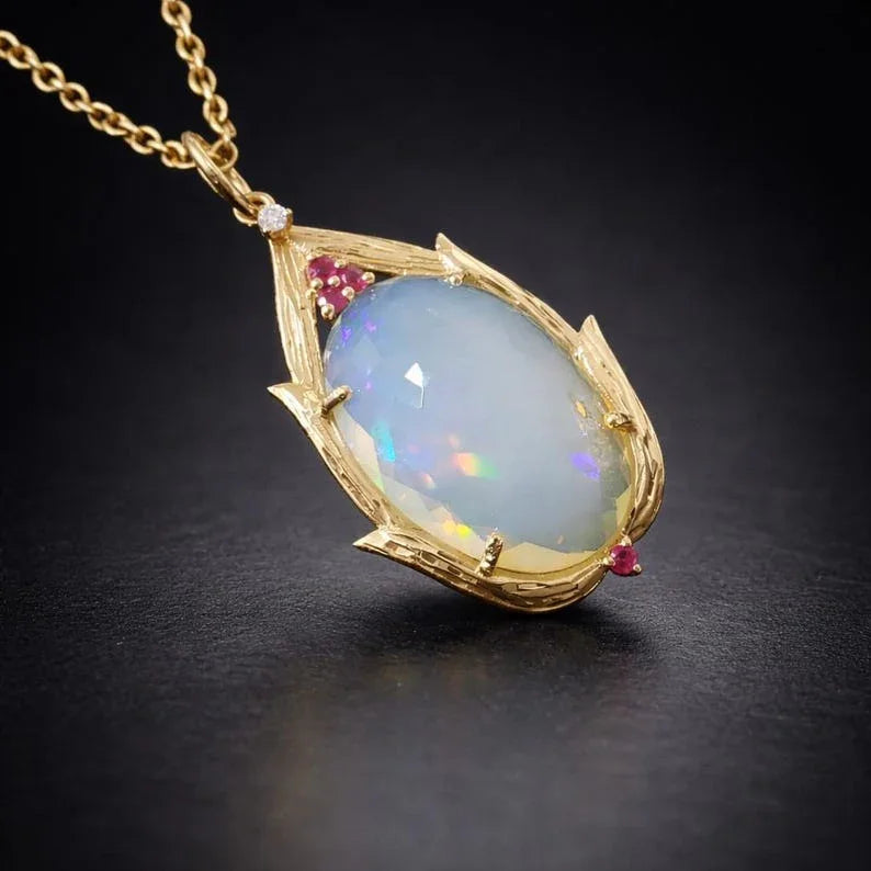 Natural Ethiopian Fire Opal 14K Gold Pendant with Ruby & Diamond
