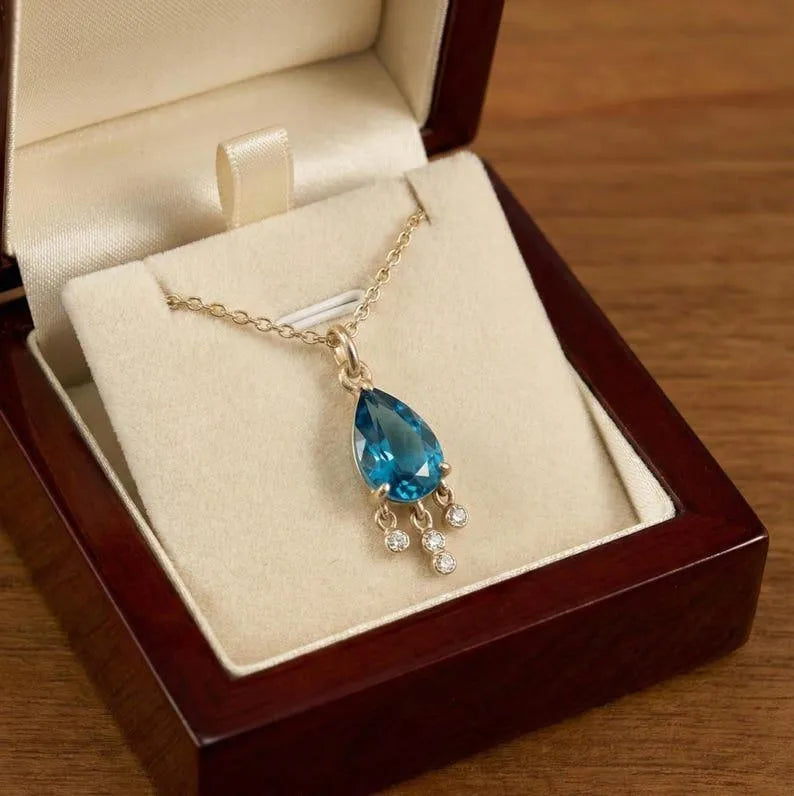 14K Gold Swiss Blue Topaz Pendant | Pear Cut Diamond Accent - K Jewelry Accessories