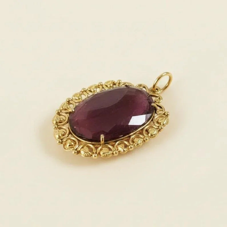 Antique Oval Pink Tourmaline Pendant Necklace 14K Gold