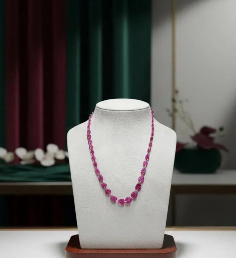 Solid 14K Gold Drilled Genuine Ruby Necklace • Carved Botanical Jewelry